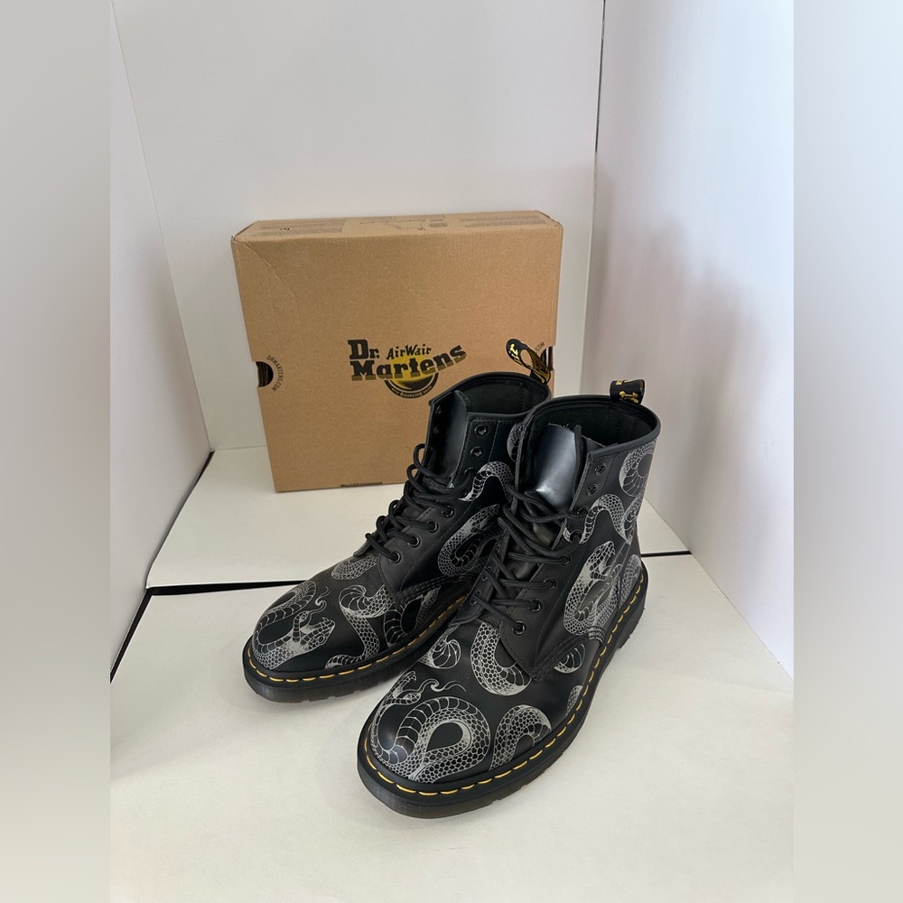 Dr. Martens Black Leather Boots with Snake Print